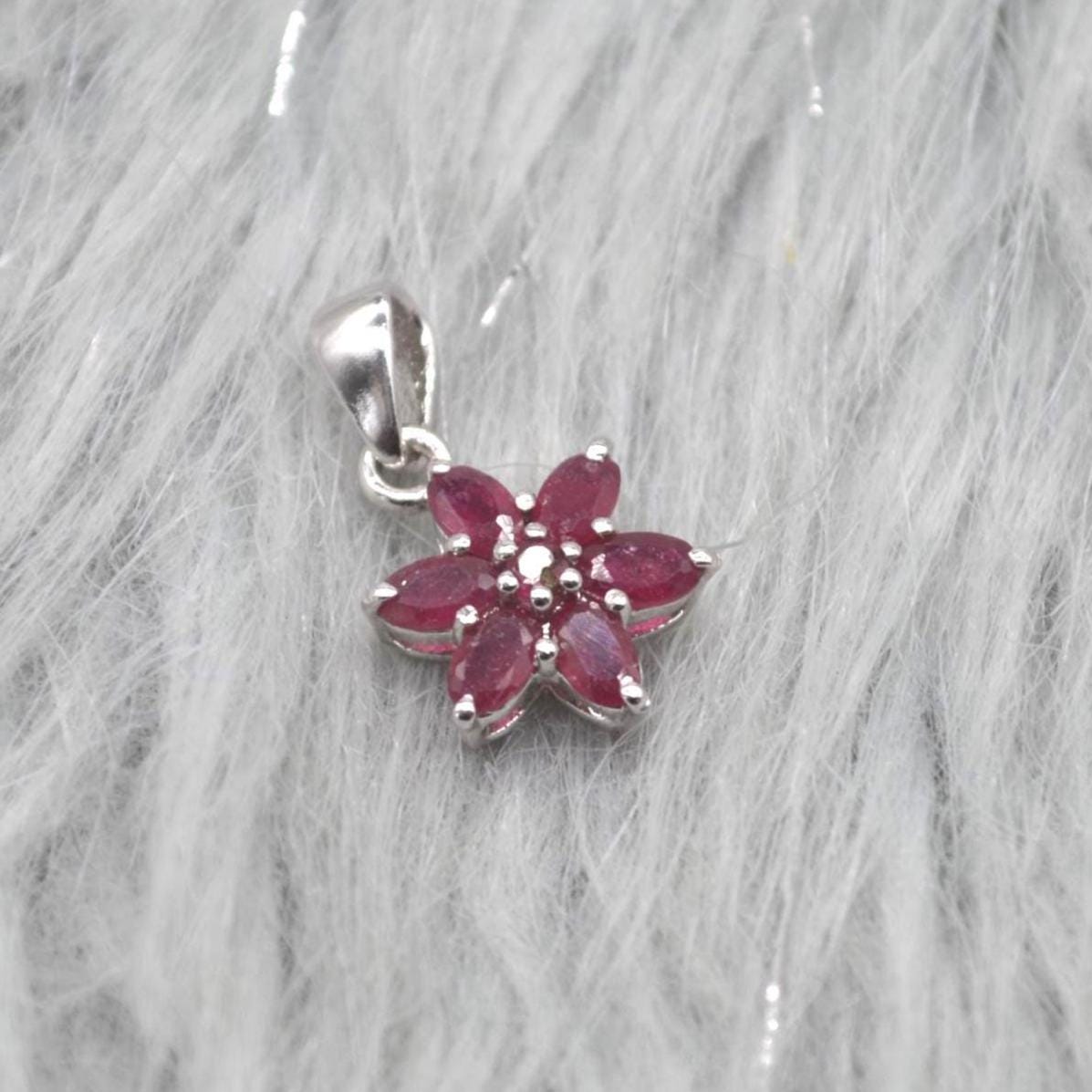 Floral Ruby Pendant Necklace: Sterling Silver, Red Gemstone, July Birthstone