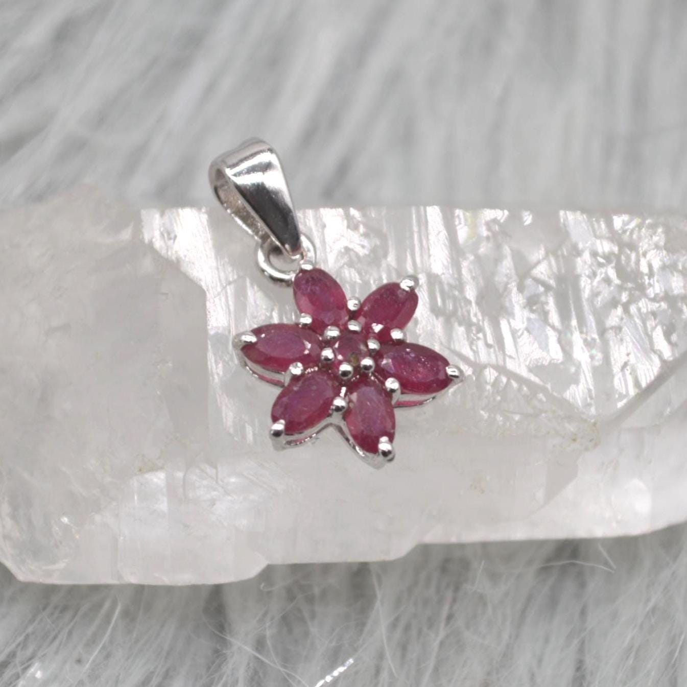 Floral Ruby Pendant Necklace: Sterling Silver, Red Gemstone, July Birthstone