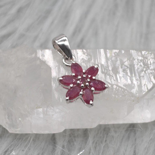 Floral Ruby Pendant Necklace: Sterling Silver, Red Gemstone, July Birthstone
