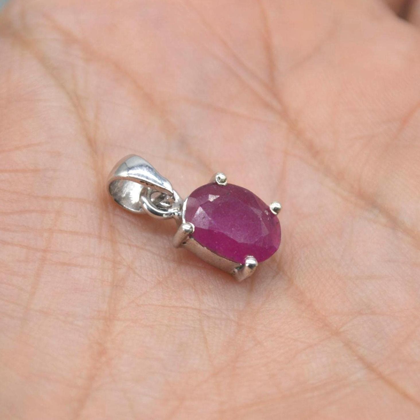 Sterling Silver Ruby Pendant: July Birthstone, Chain Necklace, Red Gemstone, Oval