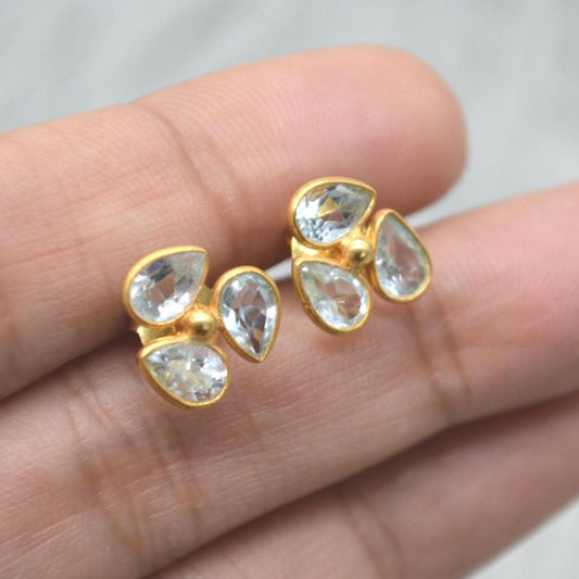 Aquamarine Gold Stud Earrings: Sterling Silver, March Birthstone