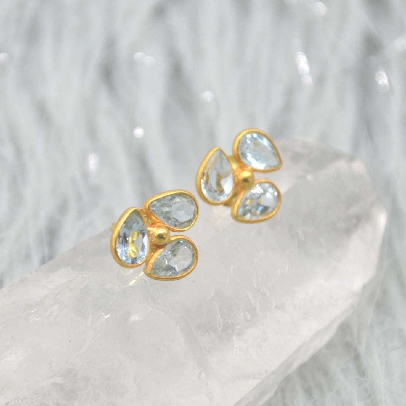 Aquamarine Gold Stud Earrings: Sterling Silver, March Birthstone