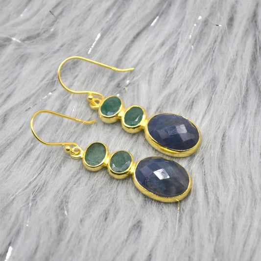 Sapphire Emerald Gold Earrings: Sterling Silver Dangle Drop, May September Birthstone