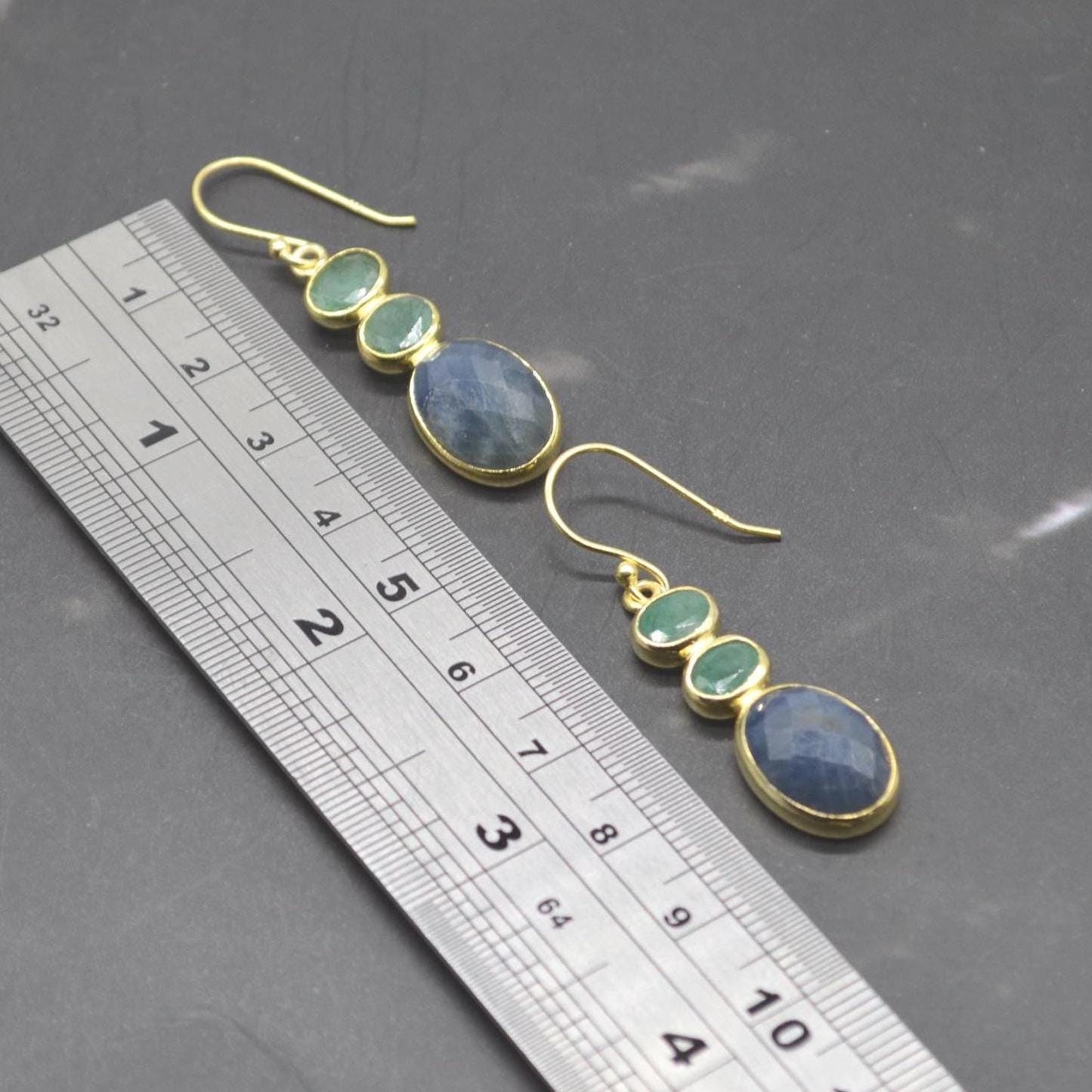 Sapphire Emerald Gold Earrings: Sterling Silver Dangle Drop, May September Birthstone