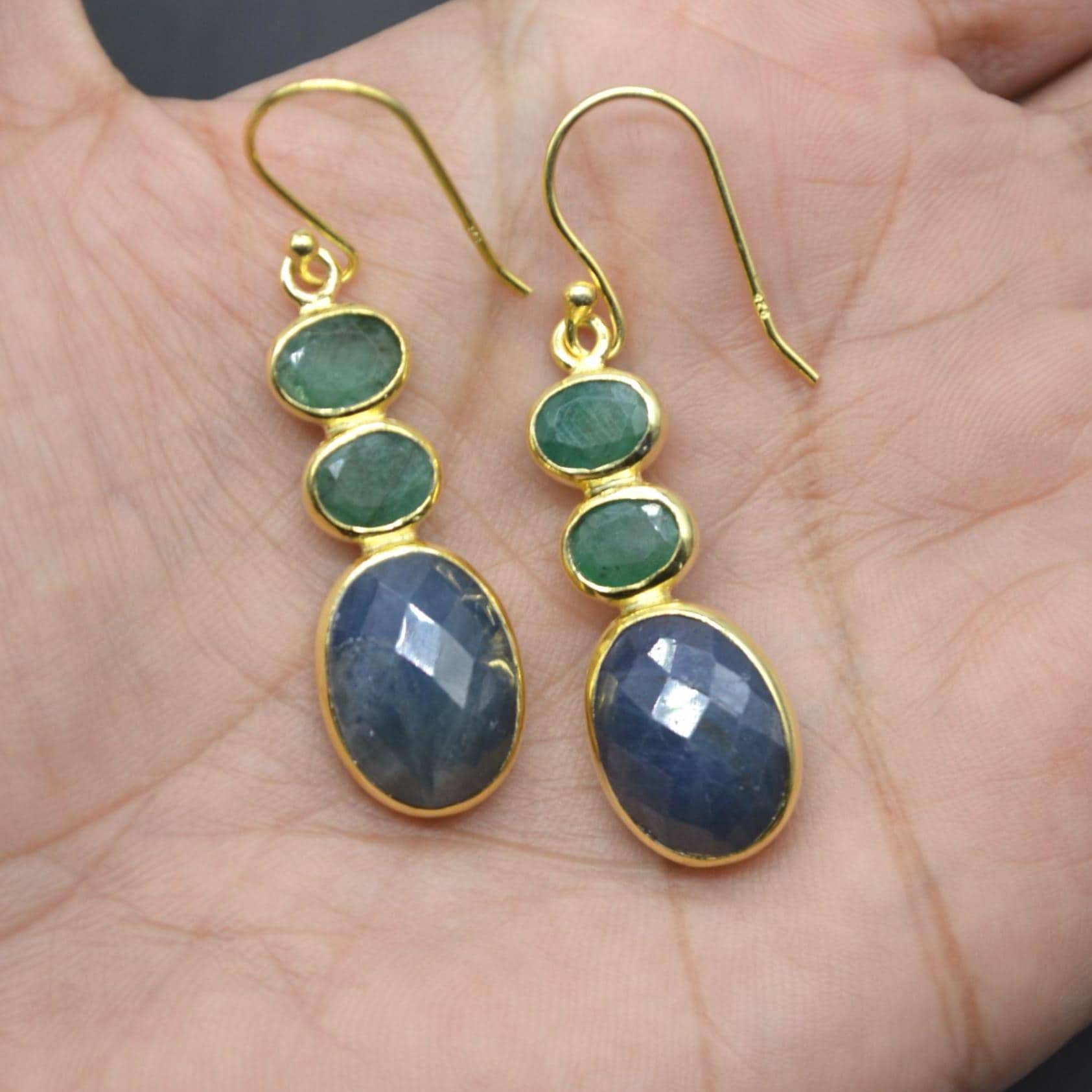 Sapphire Emerald Gold Earrings: Sterling Silver Dangle Drop, May September Birthstone