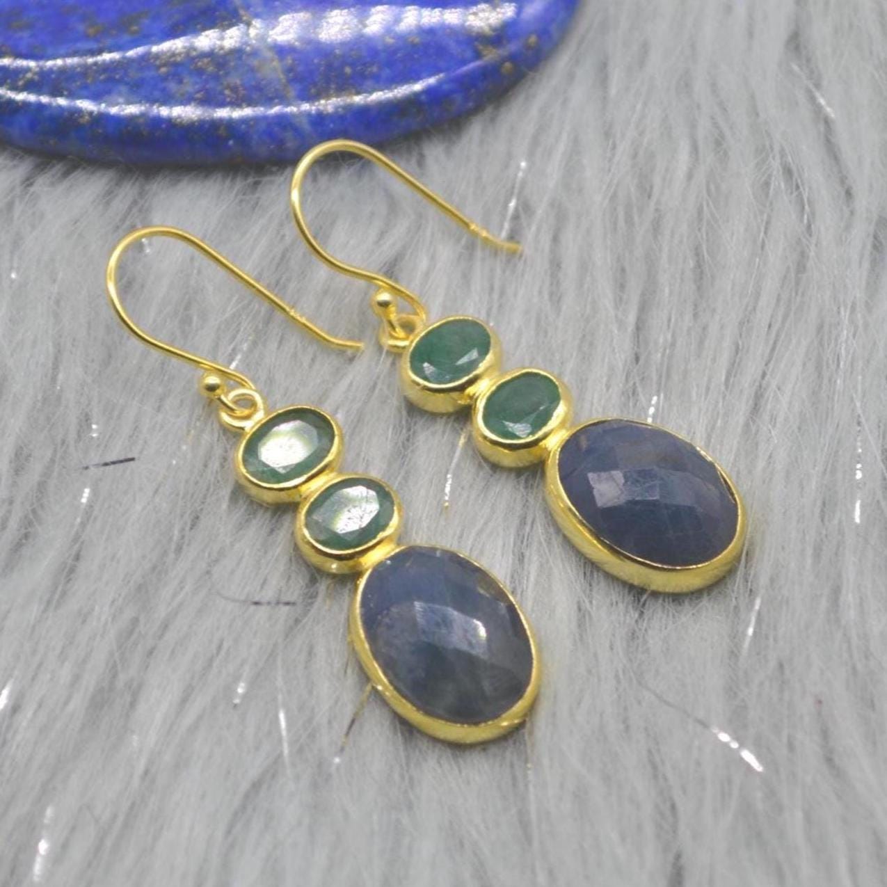 Sapphire Emerald Gold Earrings: Sterling Silver Dangle Drop, May September Birthstone