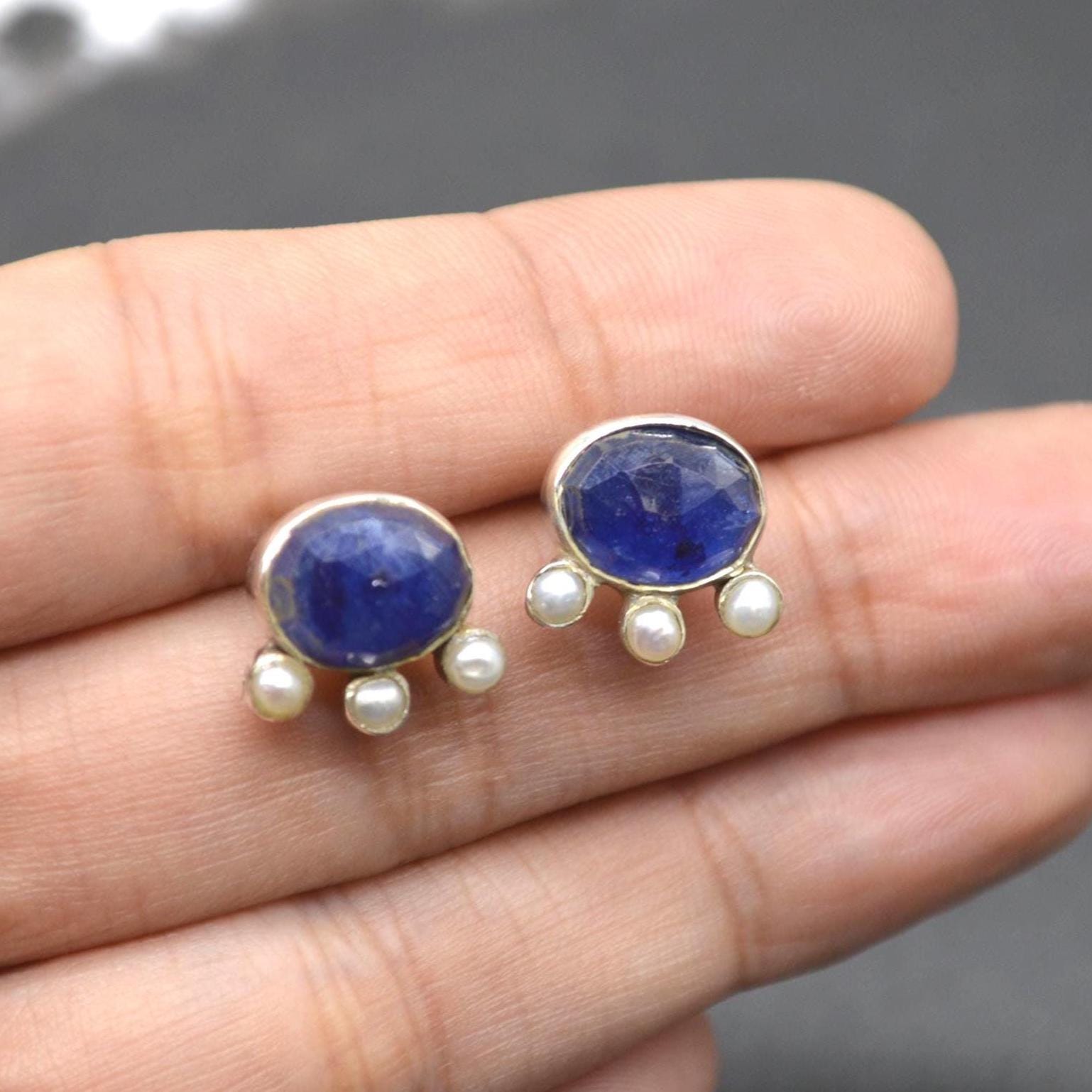 Blue Sapphire Pearl Stud Earrings: Sterling Silver Gemstone Jewelry, September June Birthstone