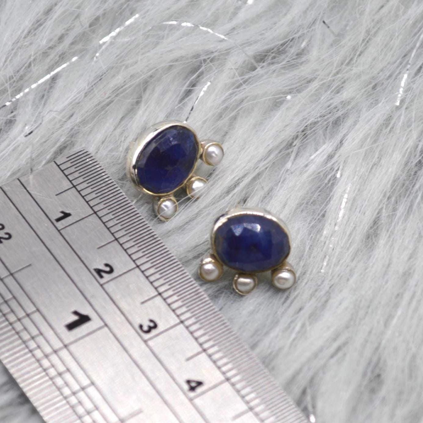 Blue Sapphire Pearl Stud Earrings: Sterling Silver Gemstone Jewelry, September June Birthstone