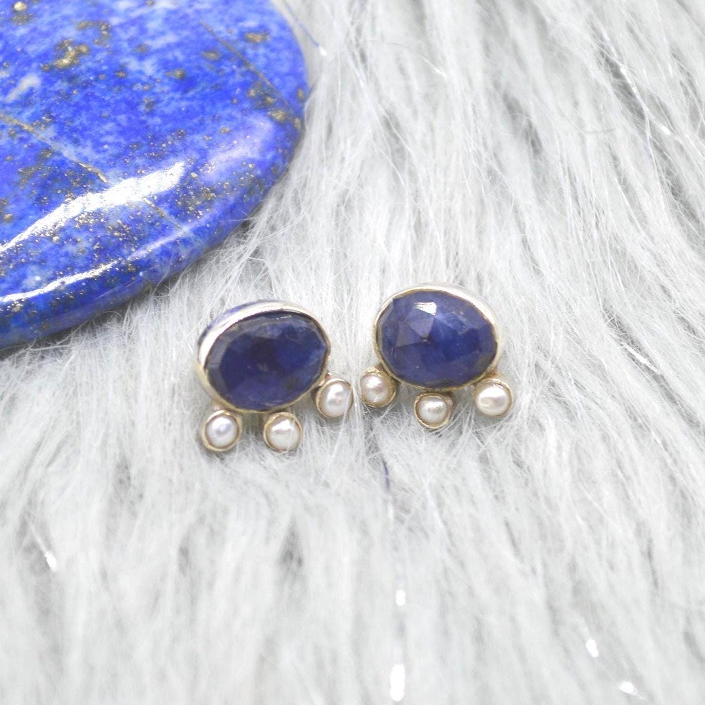 Blue Sapphire Pearl Stud Earrings: Sterling Silver Gemstone Jewelry, September June Birthstone