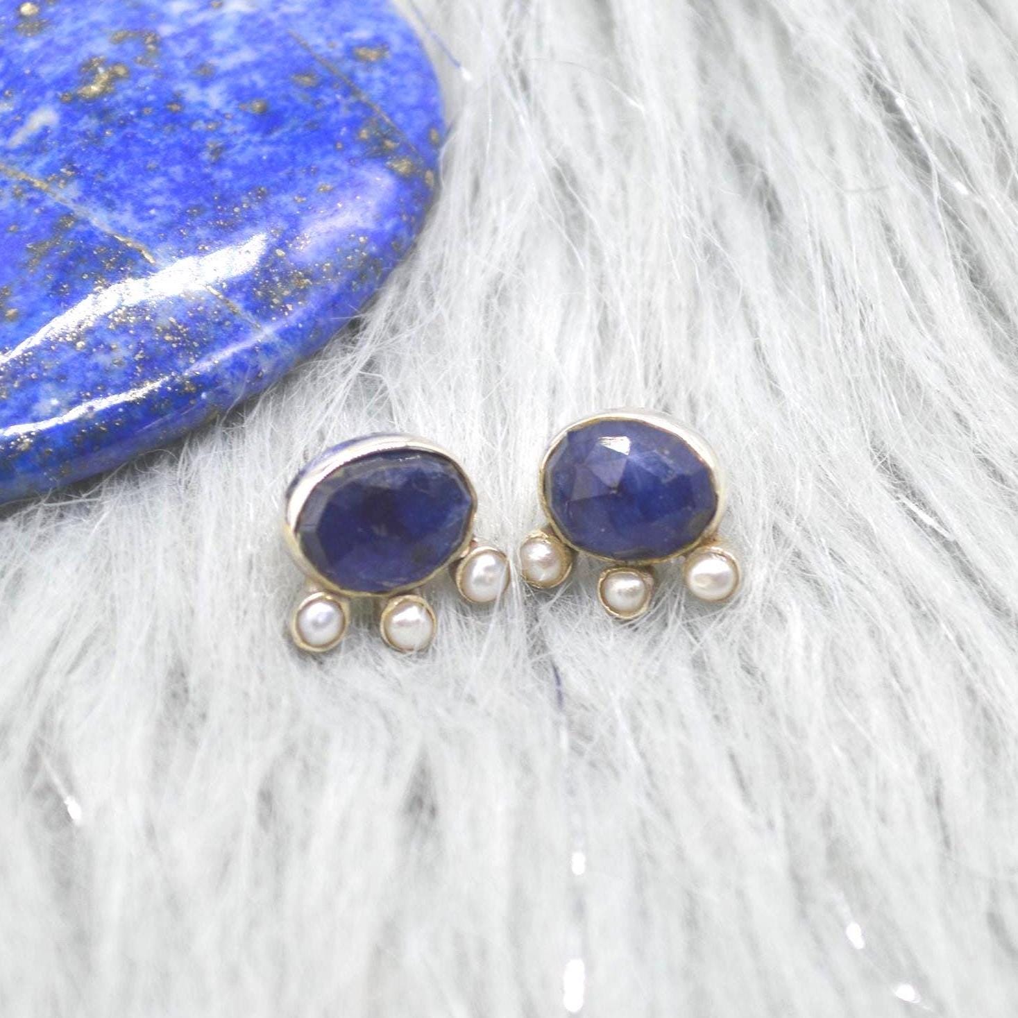 Blue Sapphire Pearl Stud Earrings: Sterling Silver Gemstone Jewelry, September June Birthstone