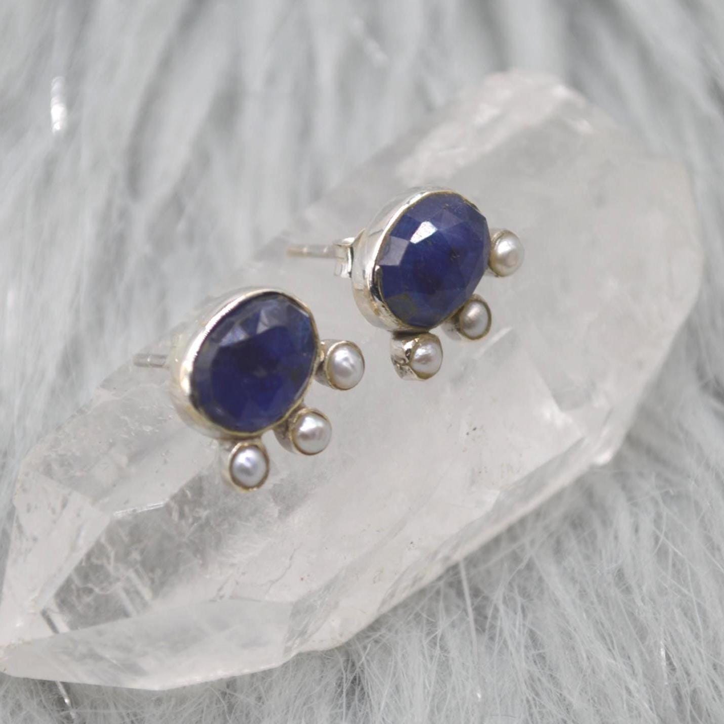 Blue Sapphire Pearl Stud Earrings: Sterling Silver Gemstone Jewelry, September June Birthstone