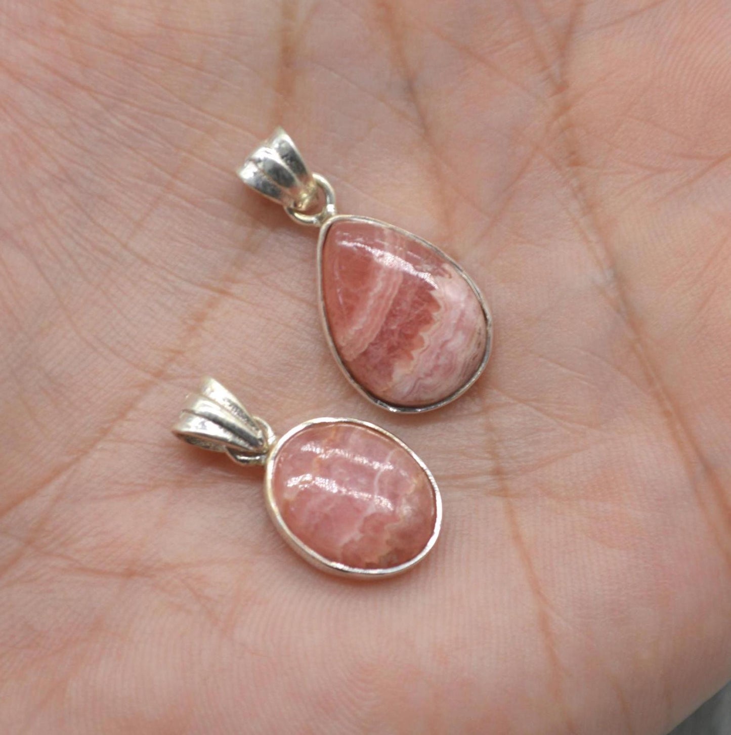 Rhodochrosite Pendant Necklace: Sterling Silver, Pink Gemstone, Oval or Teardrop