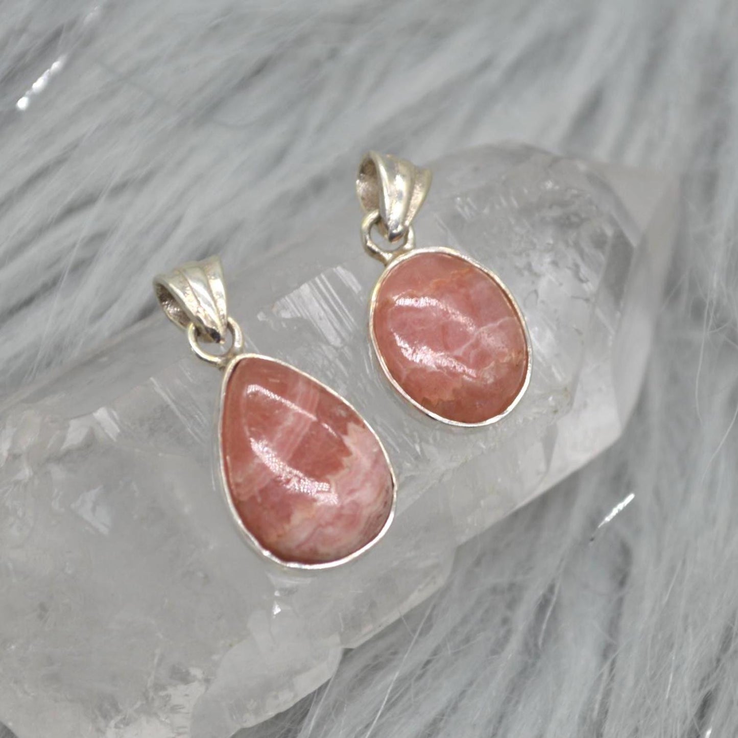 Rhodochrosite Pendant Necklace: Sterling Silver, Pink Gemstone, Oval or Teardrop