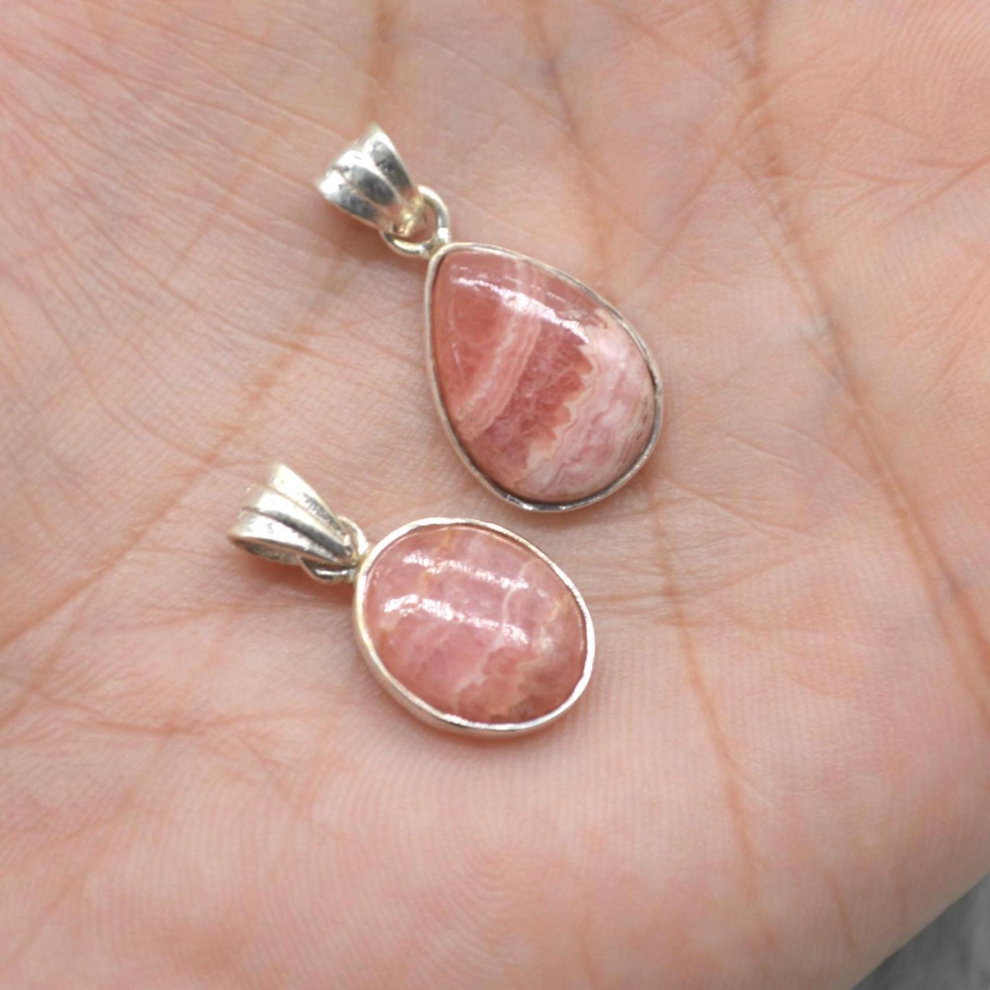 Rhodochrosite Pendant Necklace: Sterling Silver, Pink Gemstone, Oval or Teardrop