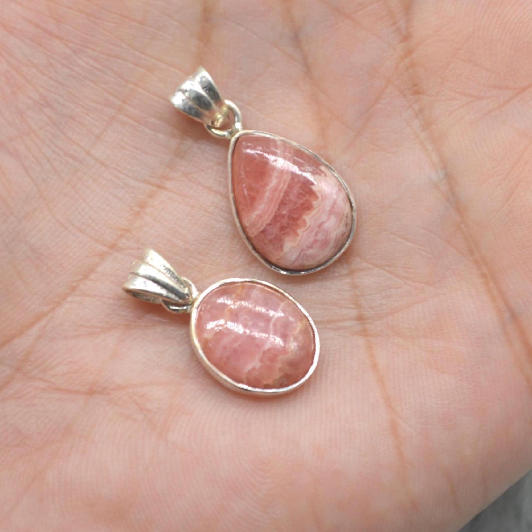 Rhodochrosite Pendant Necklace: Sterling Silver, Pink Gemstone, Oval or Teardrop