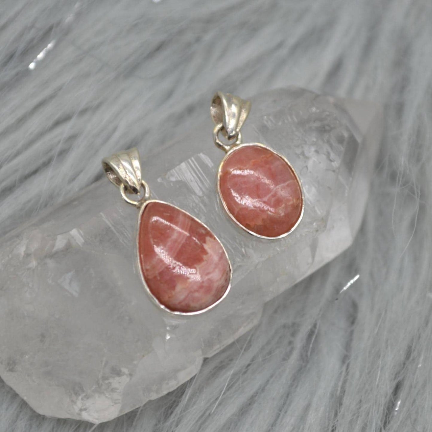 Rhodochrosite Pendant Necklace: Sterling Silver, Pink Gemstone, Oval or Teardrop