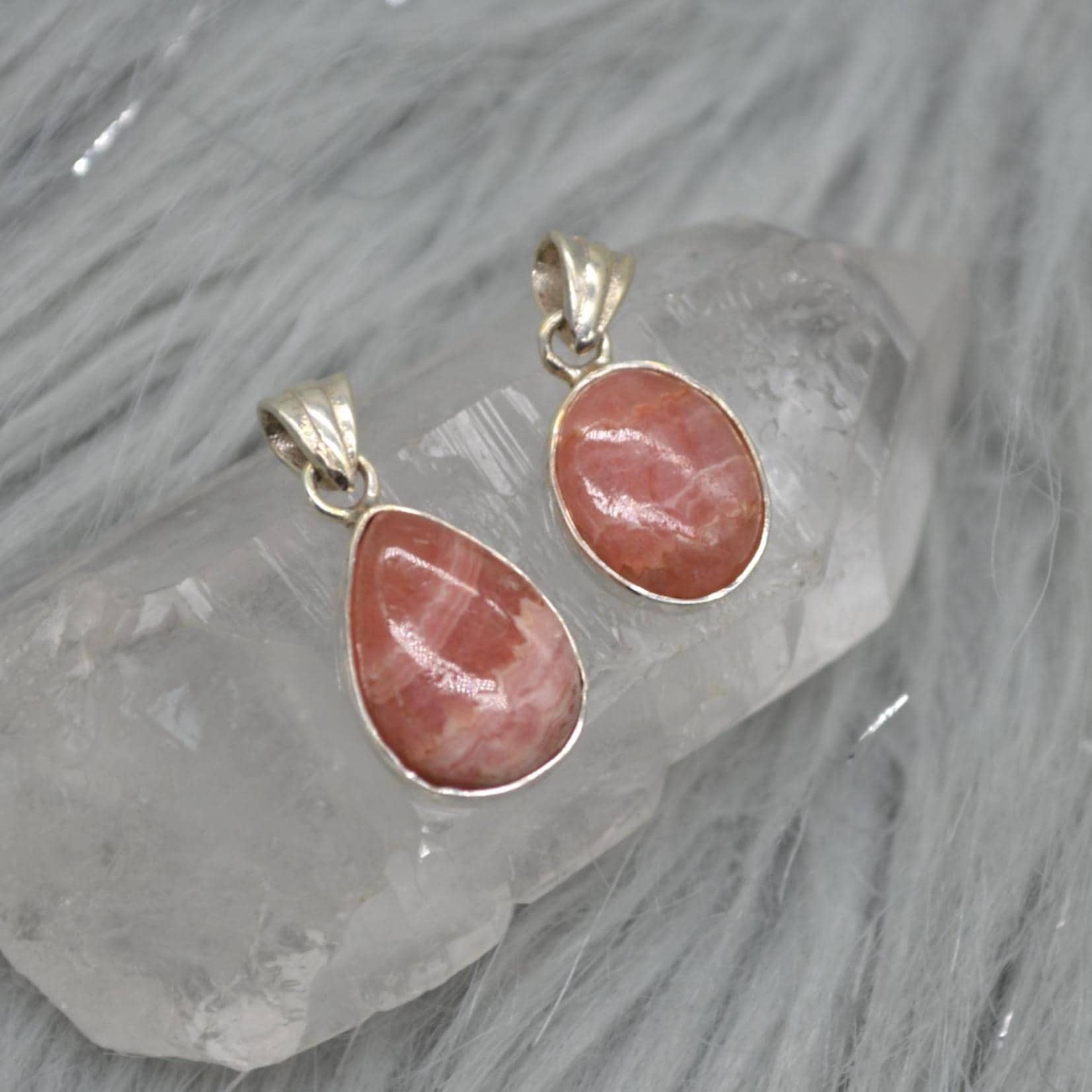 Rhodochrosite Pendant Necklace: Sterling Silver, Pink Gemstone, Oval or Teardrop
