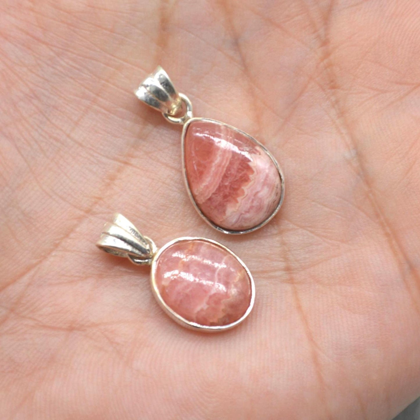 Rhodochrosite Pendant Necklace: Sterling Silver, Pink Gemstone, Oval or Teardrop