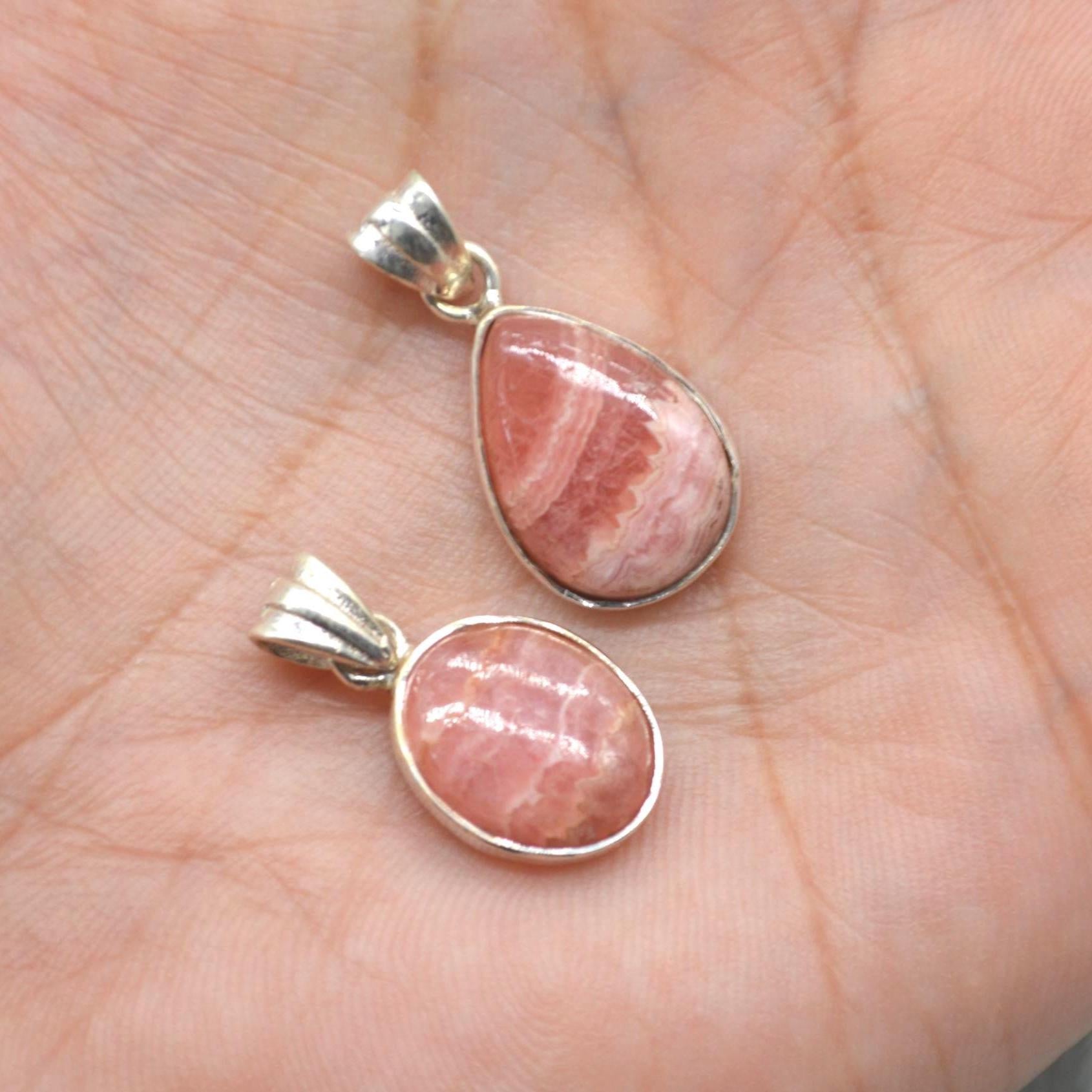 Rhodochrosite Pendant Necklace: Sterling Silver, Pink Gemstone, Oval or Teardrop