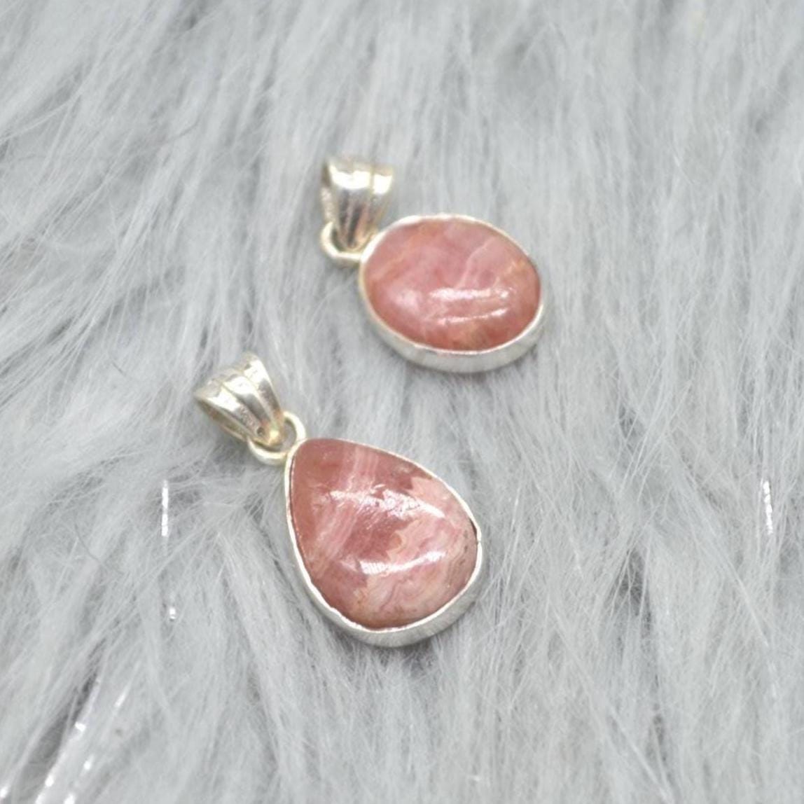 Rhodochrosite Pendant Necklace: Sterling Silver, Pink Gemstone, Oval or Teardrop