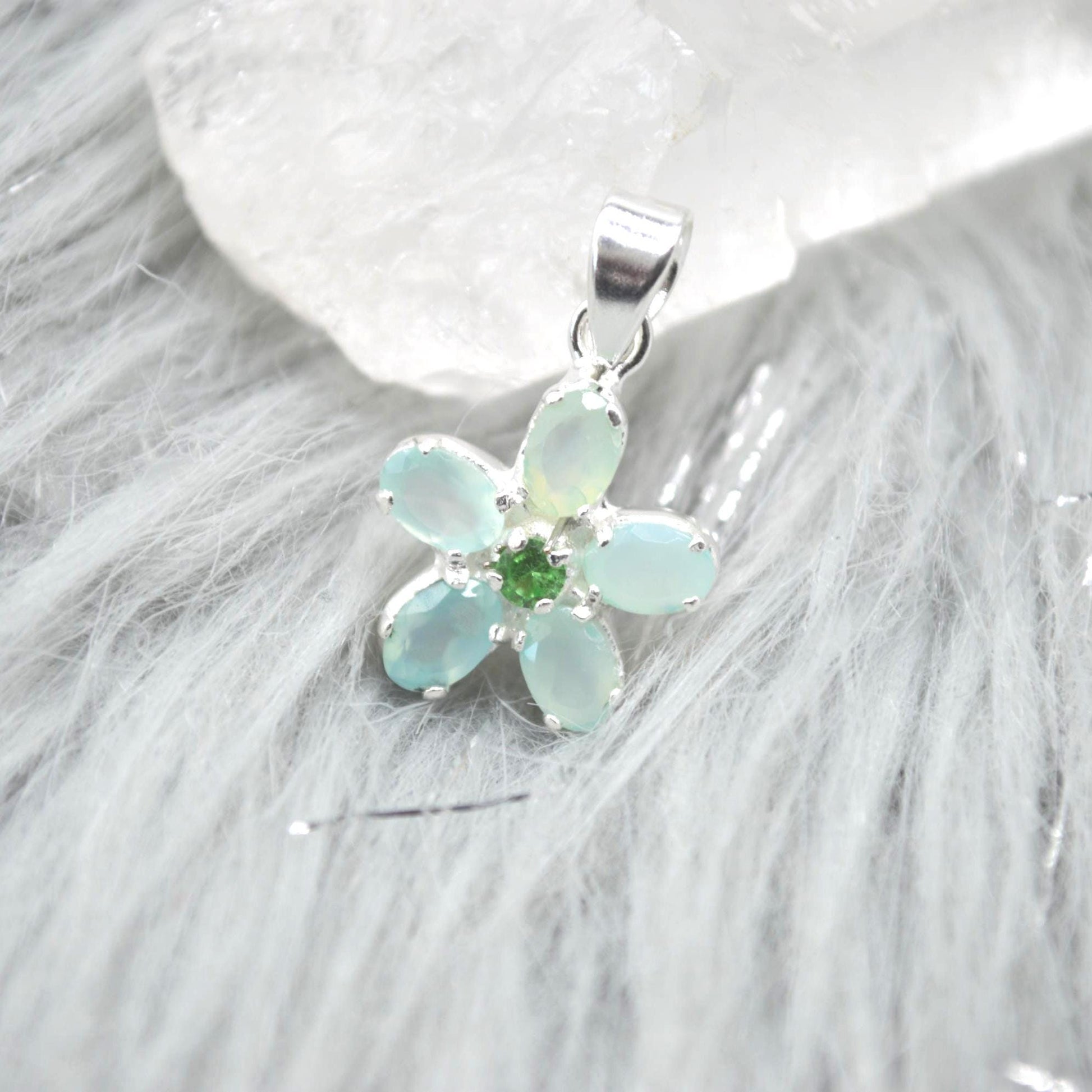 Aqua Chalcedony, Emerald Pendant Necklace: Sterling Silver, Floral, May Birthstone