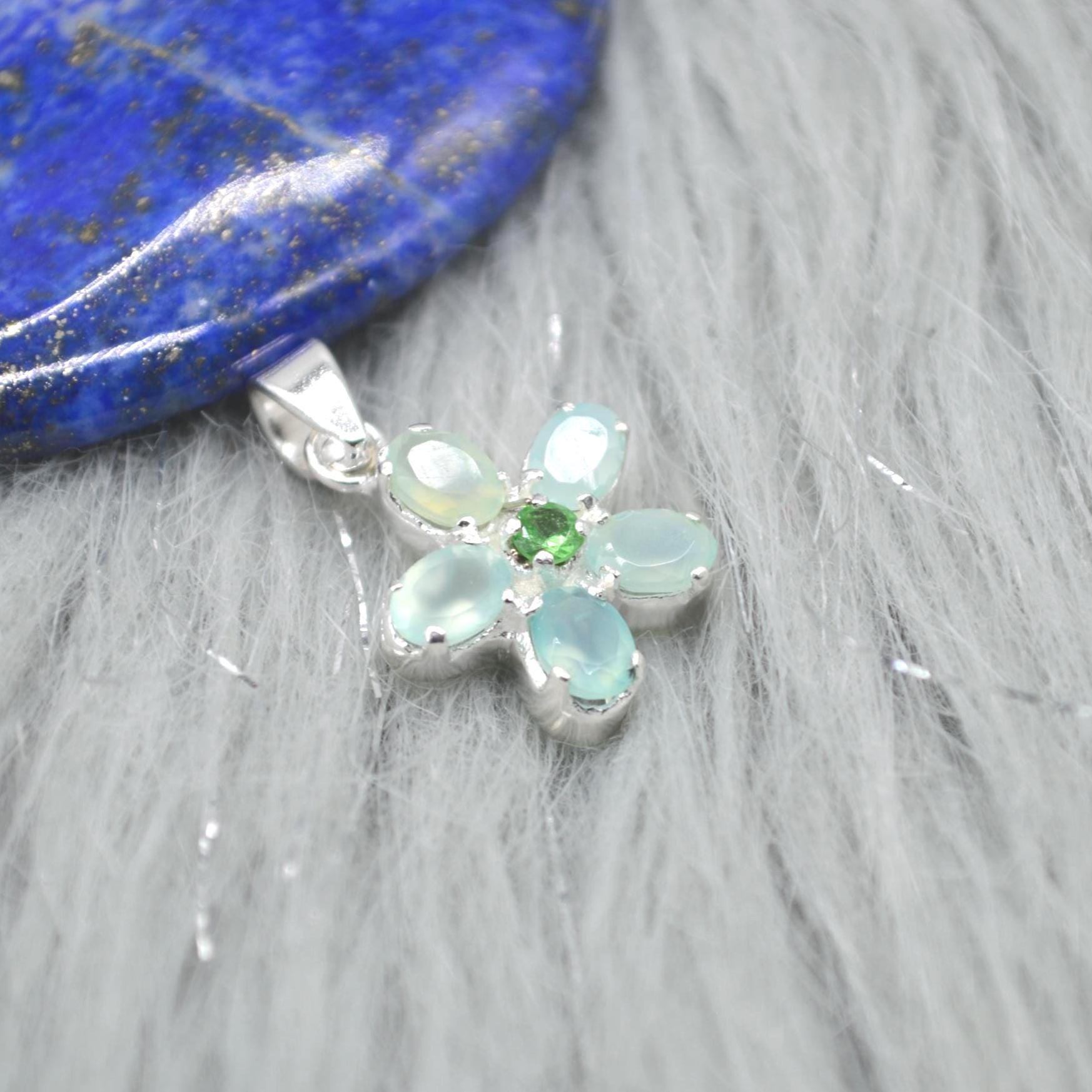 Aqua Chalcedony, Emerald Pendant Necklace: Sterling Silver, Floral, May Birthstone