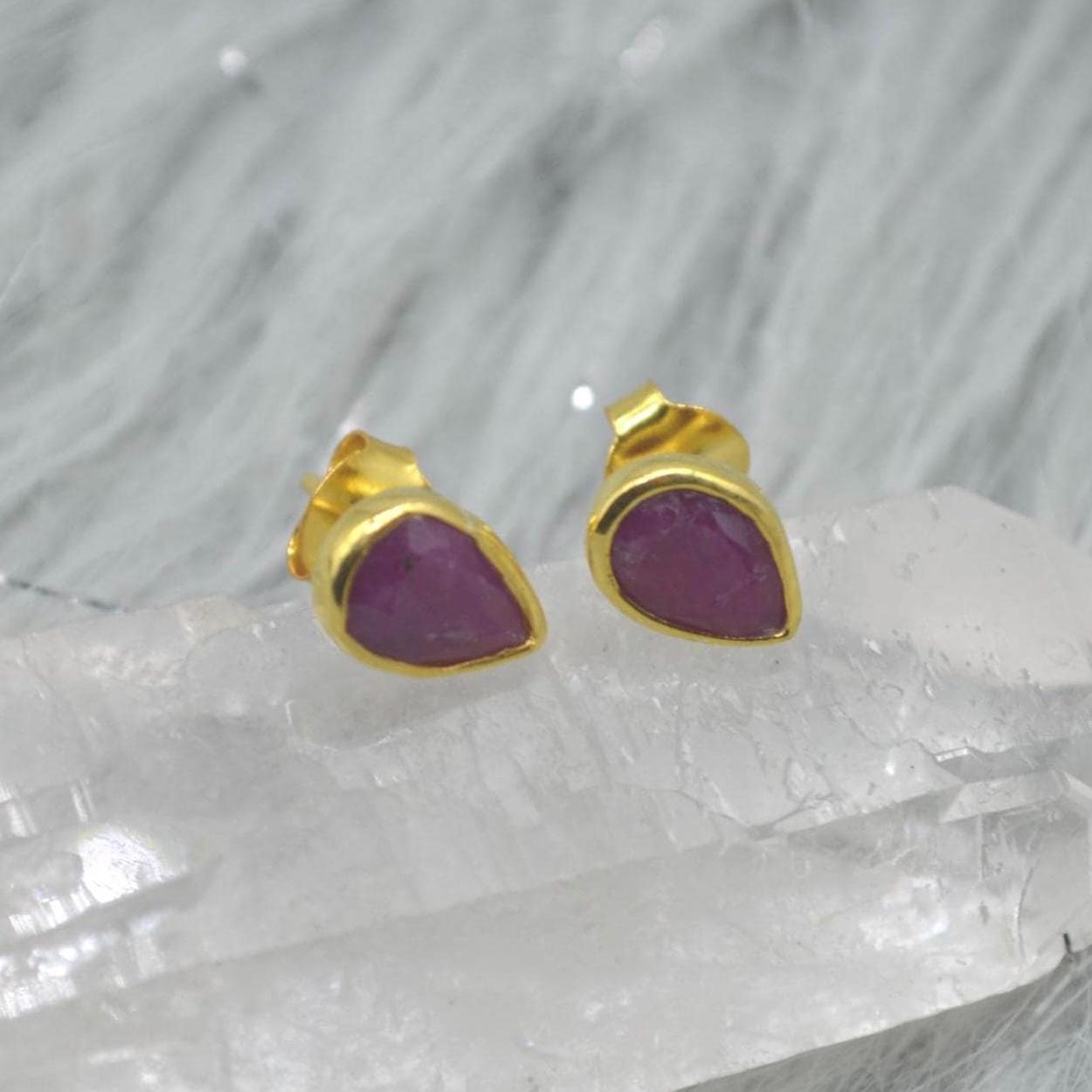 Red Ruby Gold Stud Earrings: Sterling Silver, Minimalist July Birthstone Jewelry
