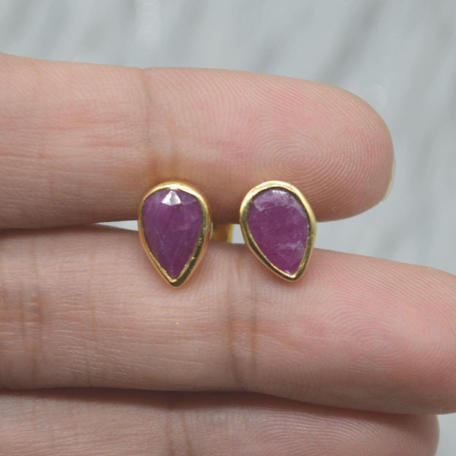 Red Ruby Gold Stud Earrings: Sterling Silver, Minimalist July Birthstone Jewelry