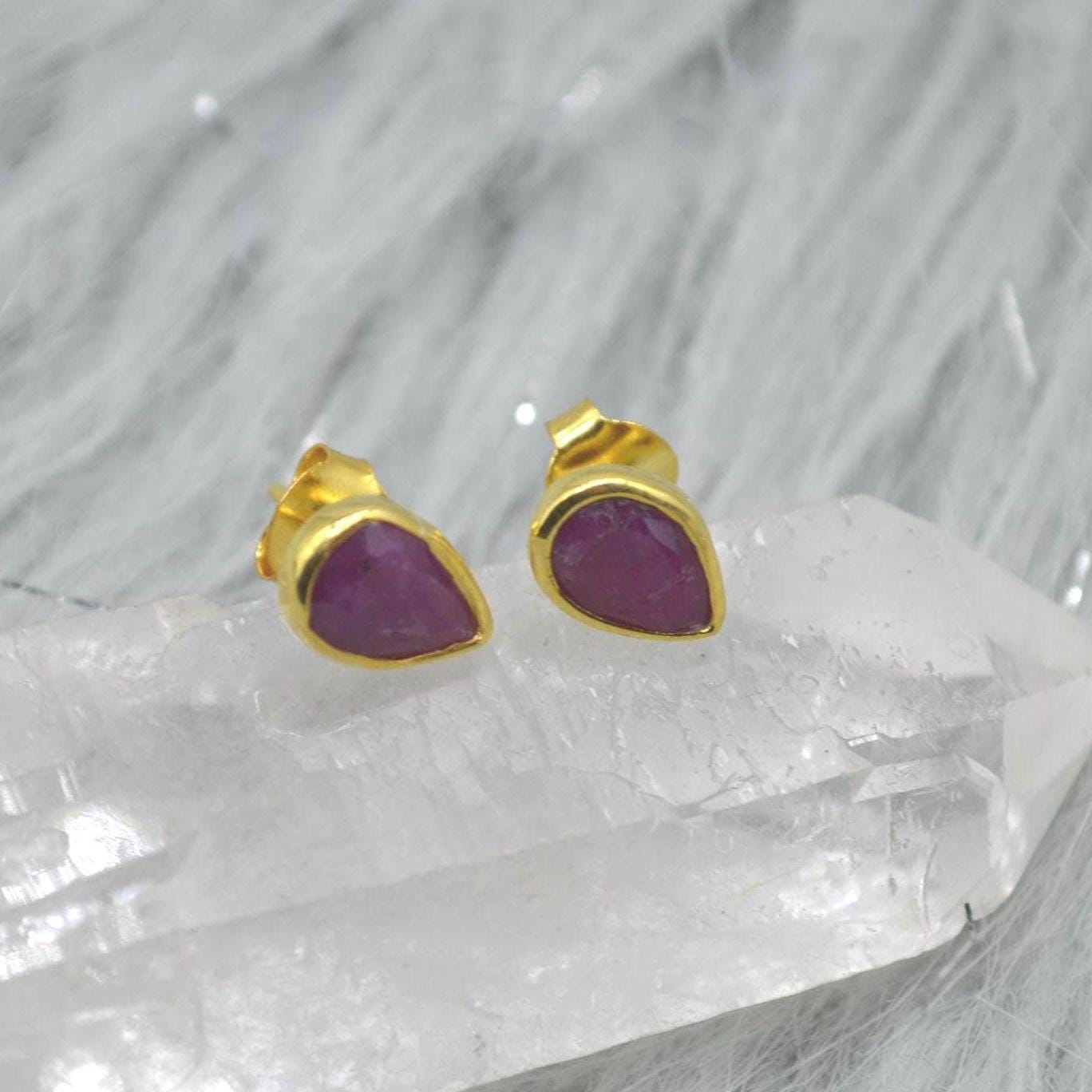 Red Ruby Gold Stud Earrings: Sterling Silver, Minimalist July Birthstone Jewelry