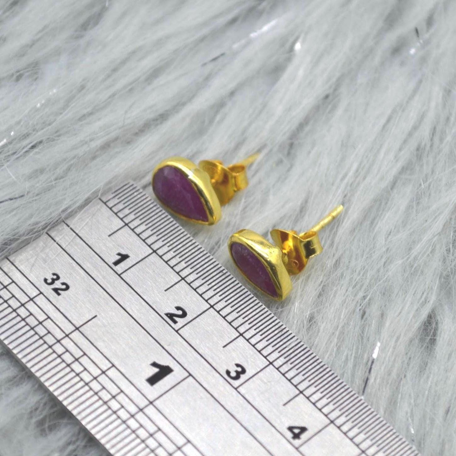 Red Ruby Gold Stud Earrings: Sterling Silver, Minimalist July Birthstone Jewelry