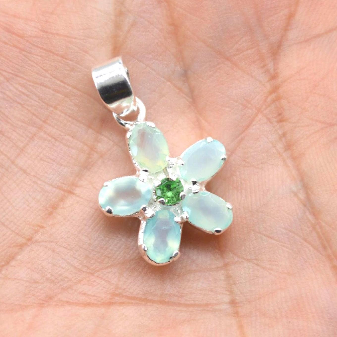 Aqua Chalcedony, Emerald Pendant Necklace: Sterling Silver, Floral, May Birthstone