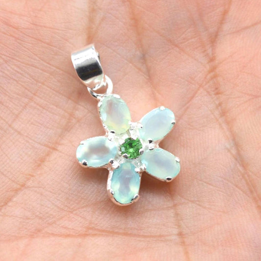 Aqua Chalcedony, Emerald Pendant Necklace: Sterling Silver, Floral, May Birthstone