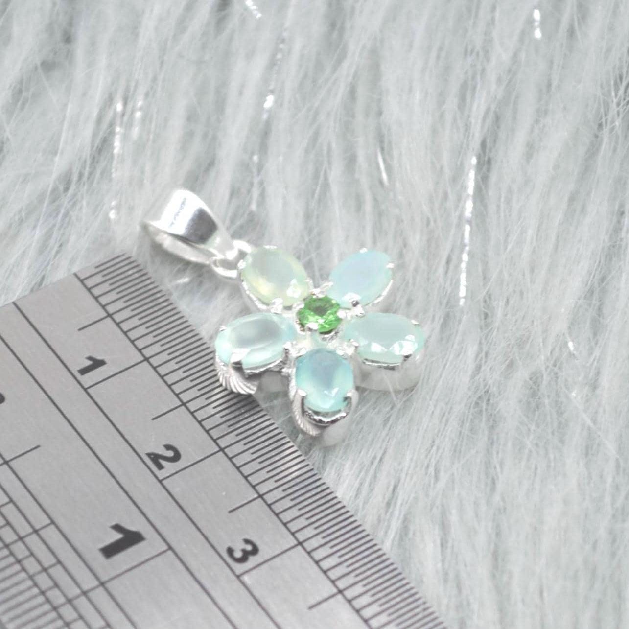 Aqua Chalcedony, Emerald Pendant Necklace: Sterling Silver, Floral, May Birthstone