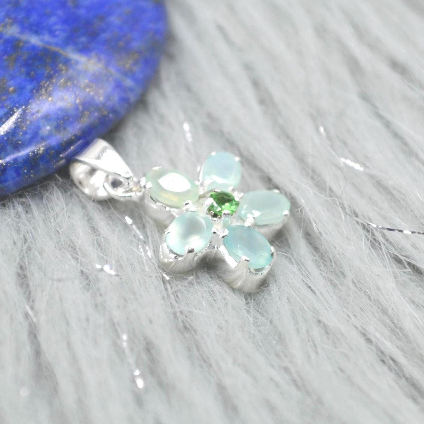 Aqua Chalcedony, Emerald Pendant Necklace: Sterling Silver, Floral, May Birthstone