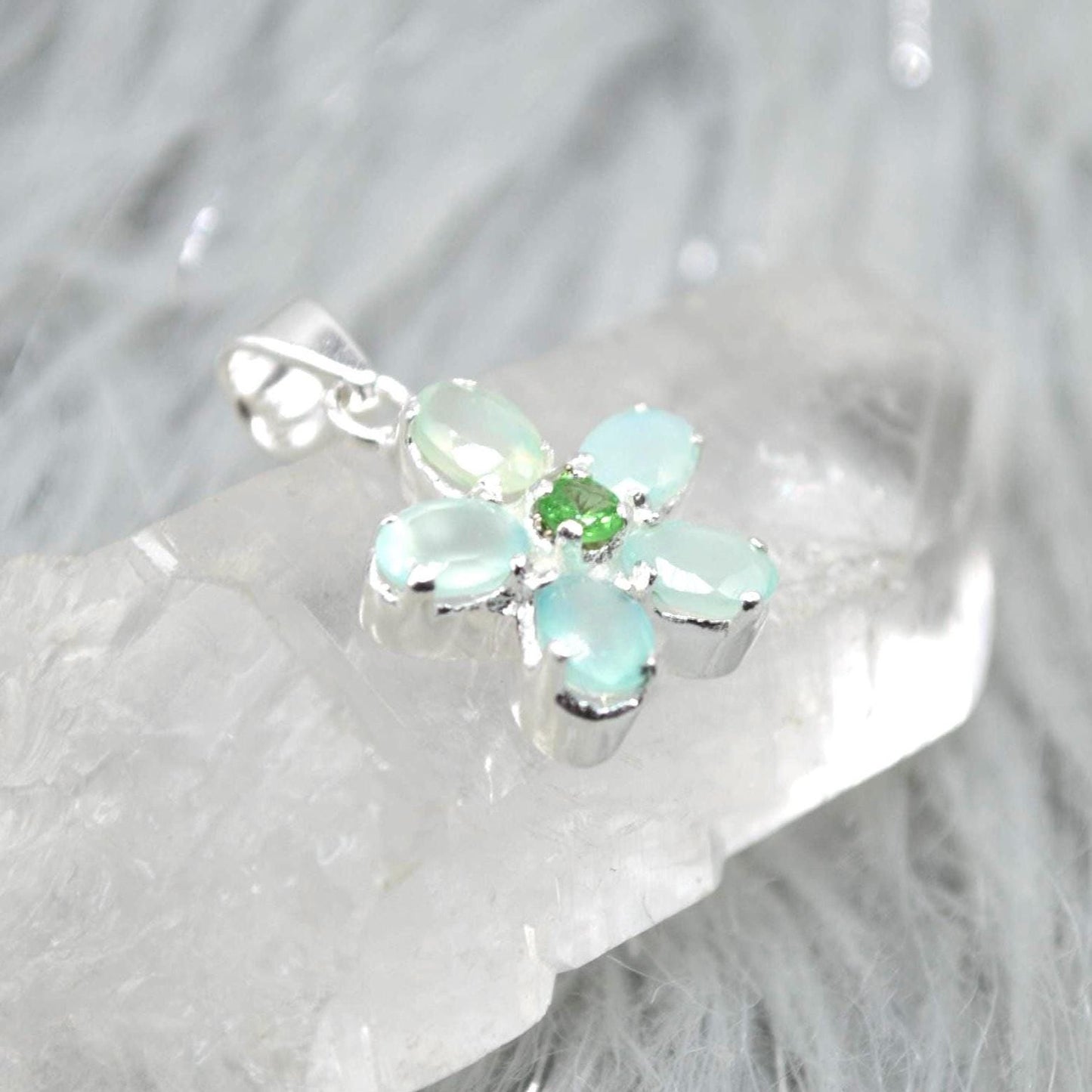 Aqua Chalcedony, Emerald Pendant Necklace: Sterling Silver, Floral, May Birthstone
