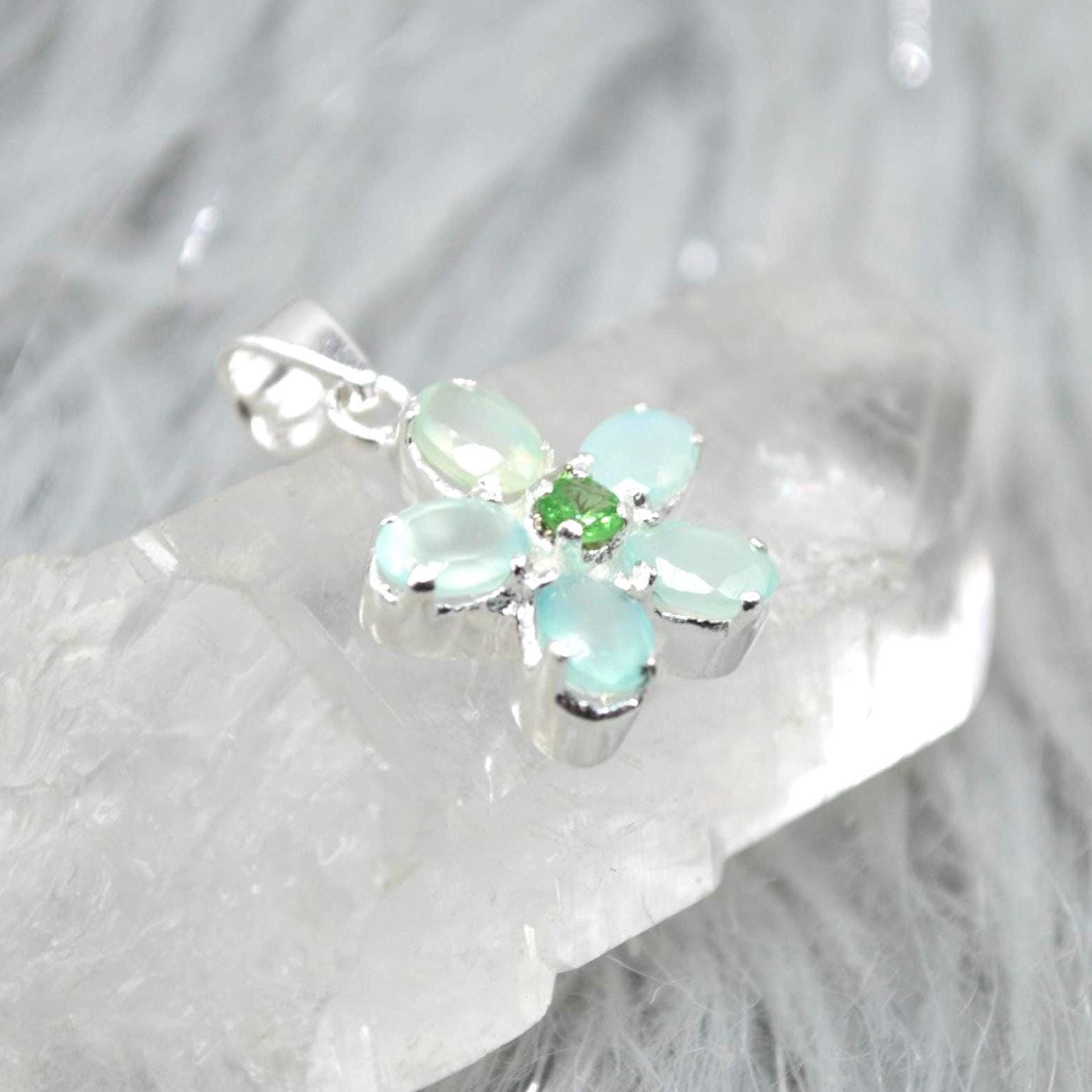 Aqua Chalcedony, Emerald Pendant Necklace: Sterling Silver, Floral, May Birthstone