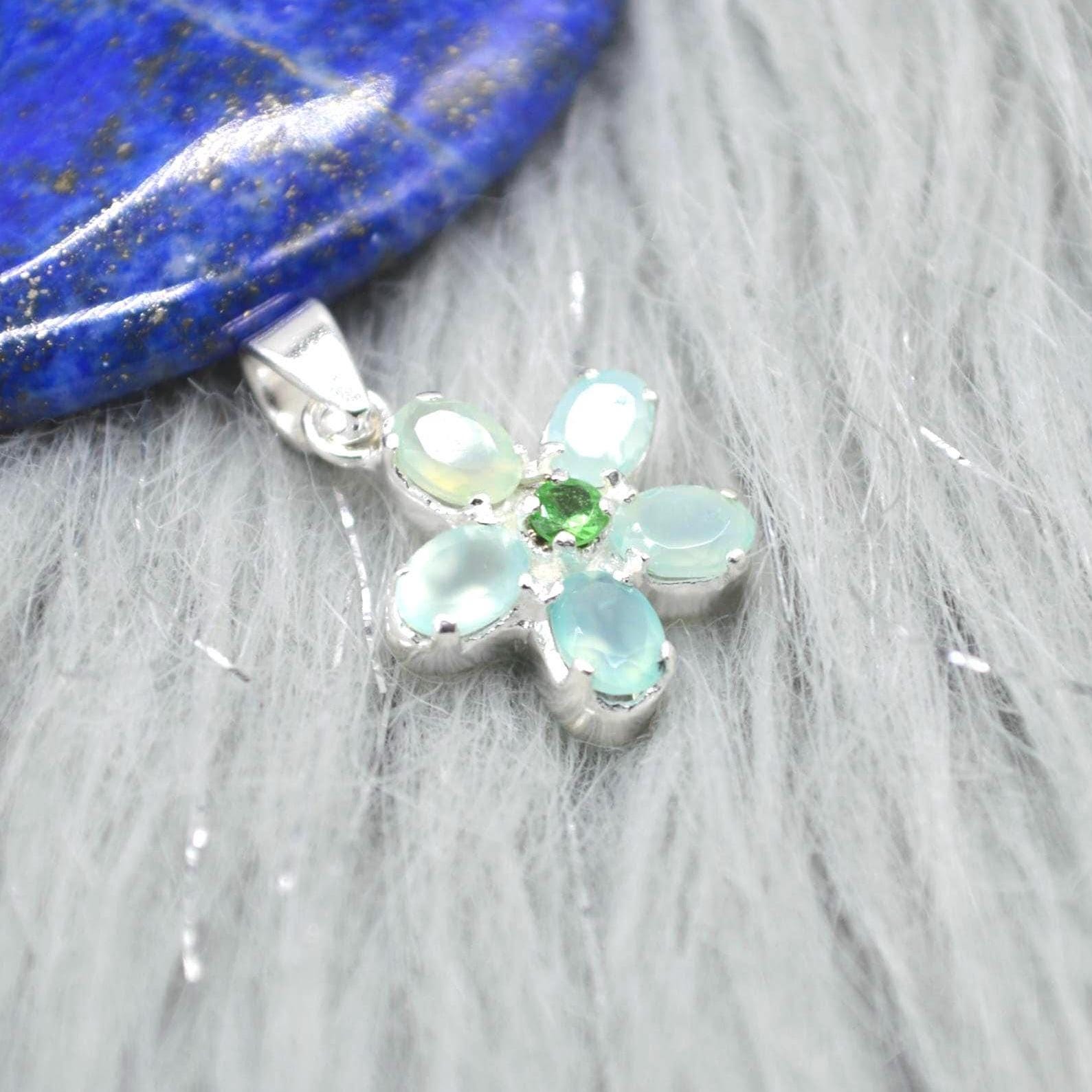Aqua Chalcedony, Emerald Pendant Necklace: Sterling Silver, Floral, May Birthstone