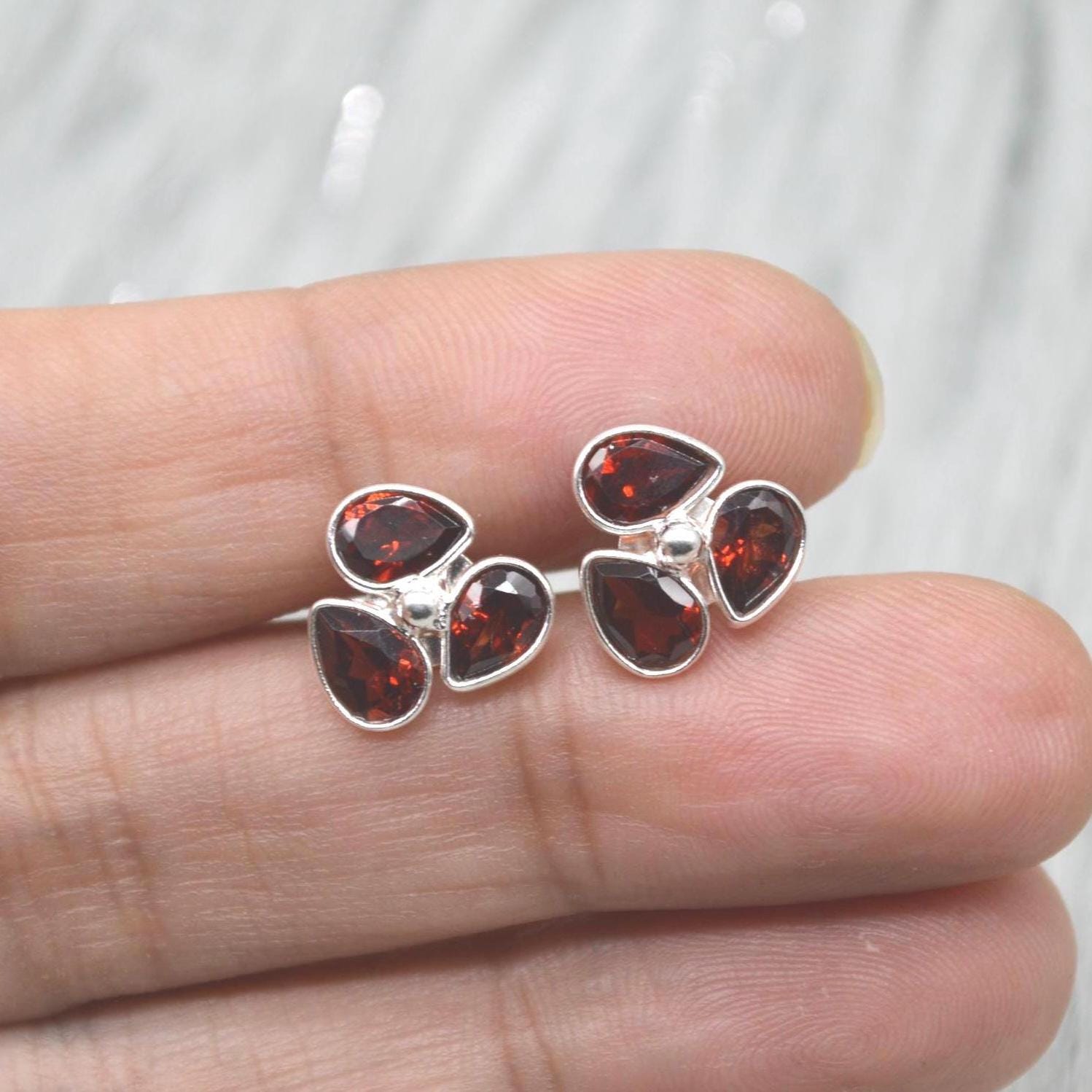 Garnet Stud Earrings: Sterling Silver, January Birthstone, Red Gemstone Jewelry