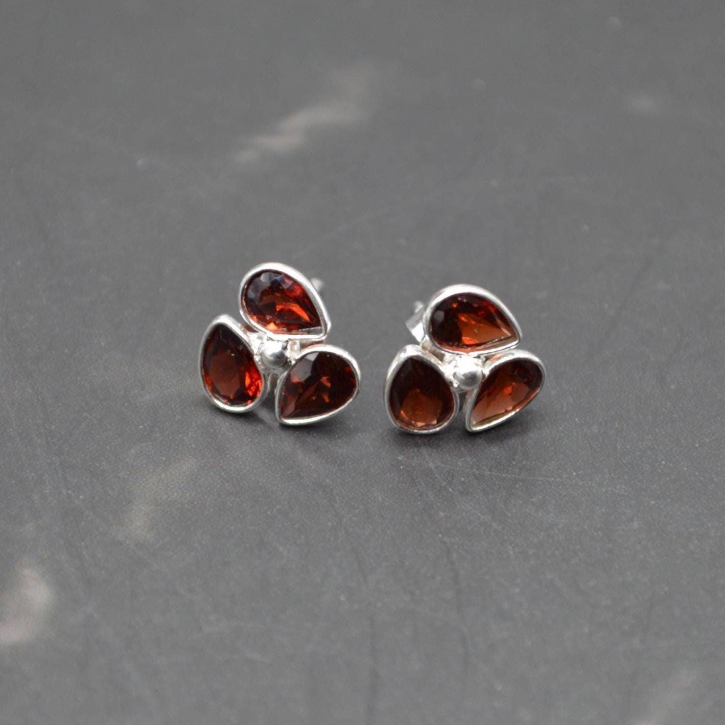 Garnet Stud Earrings: Sterling Silver, January Birthstone, Red Gemstone Jewelry