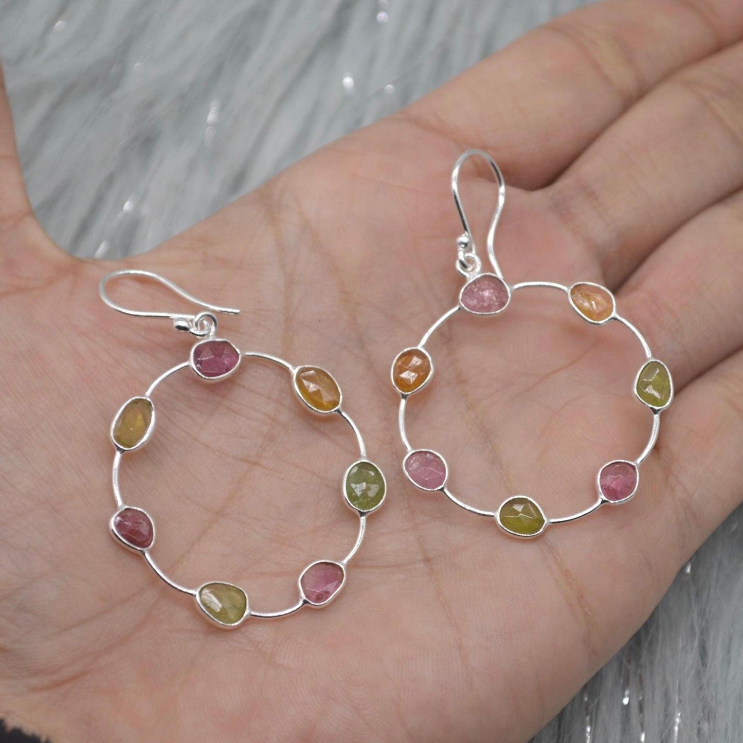Pink Green Tourmaline Earrings: Sterling Silver Dangle Drop, October Birthstone, Gemstone Jewelry