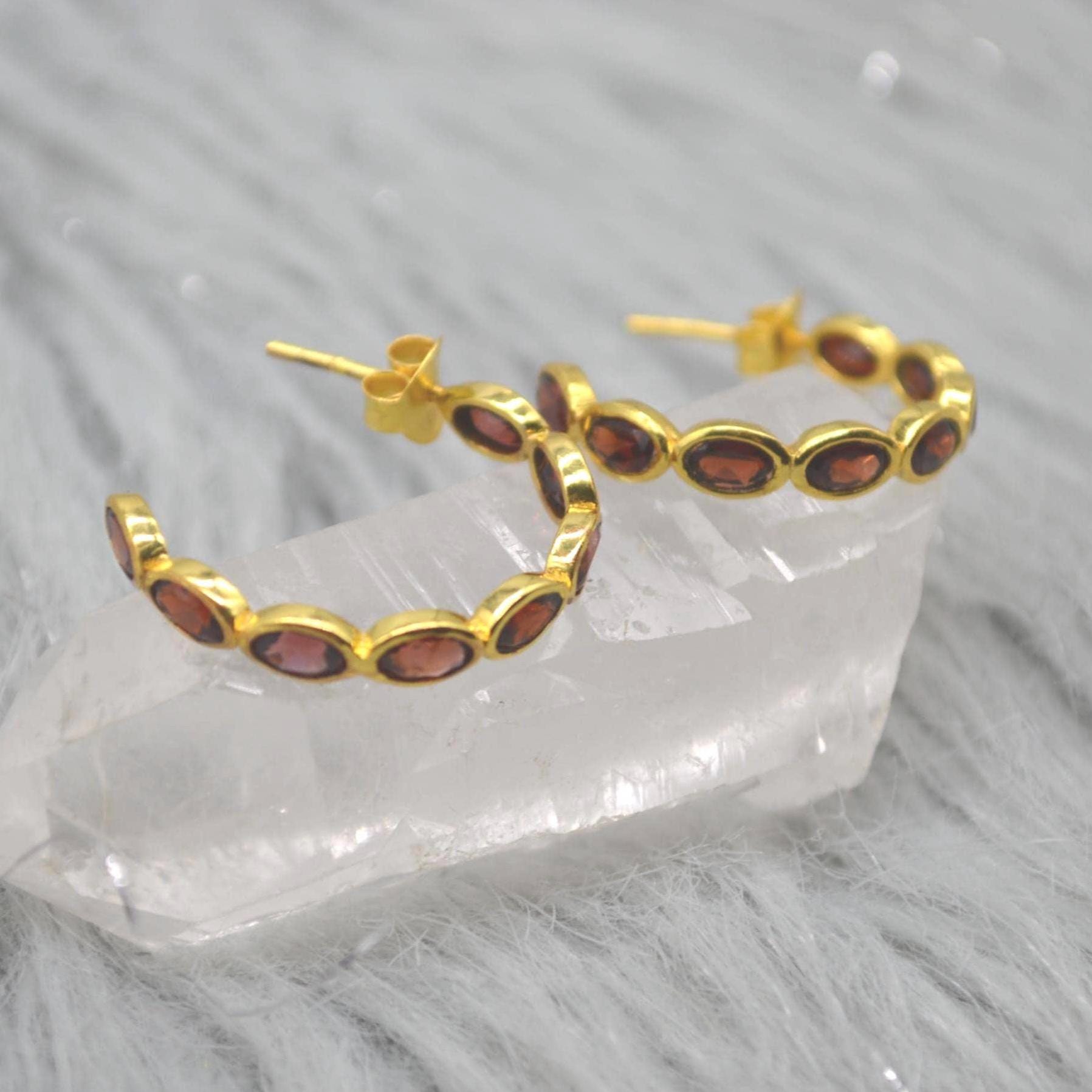 Red Garnet Gold Hoop Earrings: Sterling Silver, January Birthstone Huggies