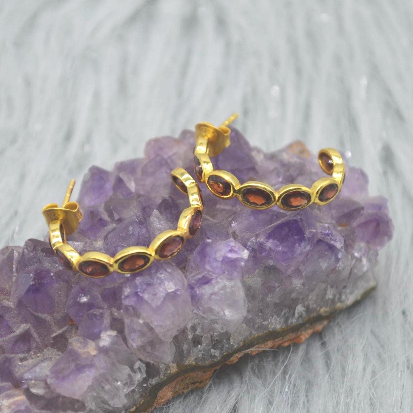 Red Garnet Gold Hoop Earrings: Sterling Silver, January Birthstone Huggies