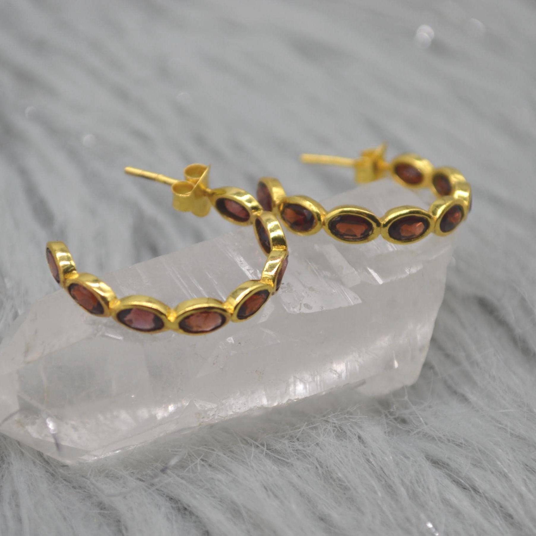 Red Garnet Gold Hoop Earrings: Sterling Silver, January Birthstone Huggies