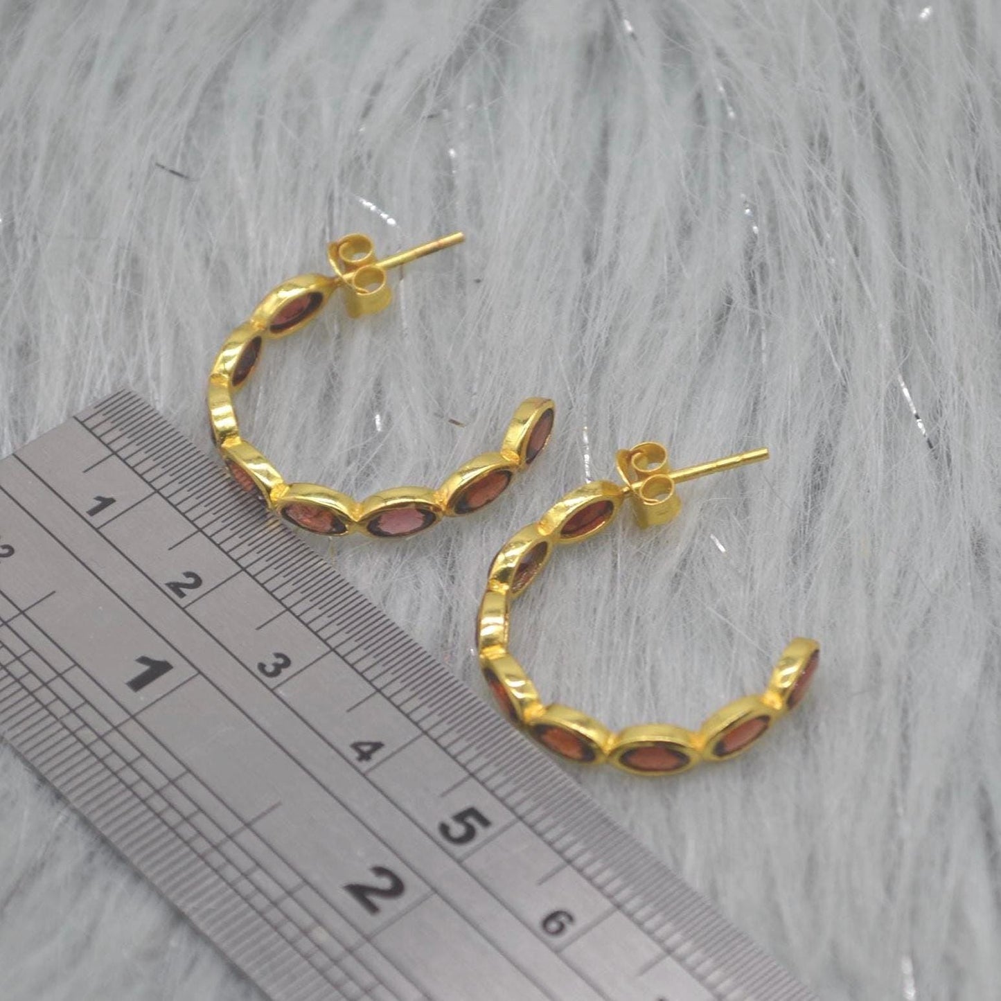Red Garnet Gold Hoop Earrings: Sterling Silver, January Birthstone Huggies
