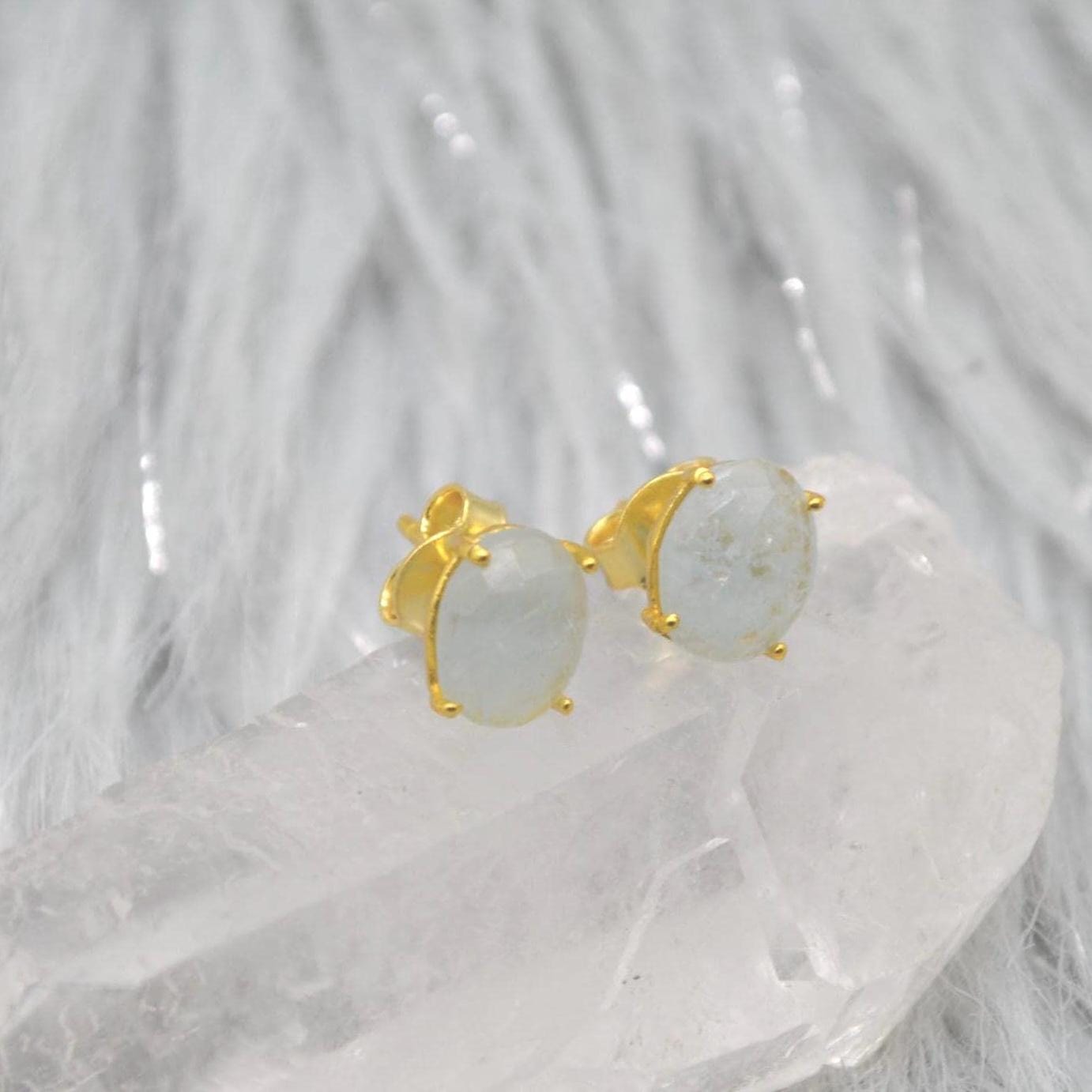 Aquamarine Silver Stud Earrings: Sterling Silver or Gold, March Birthstone