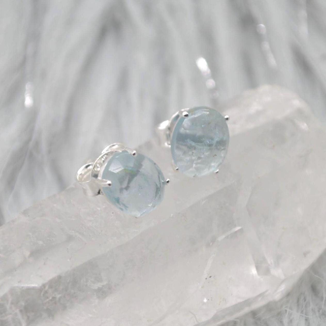 Aquamarine Silver Stud Earrings: Sterling Silver or Gold, March Birthstone