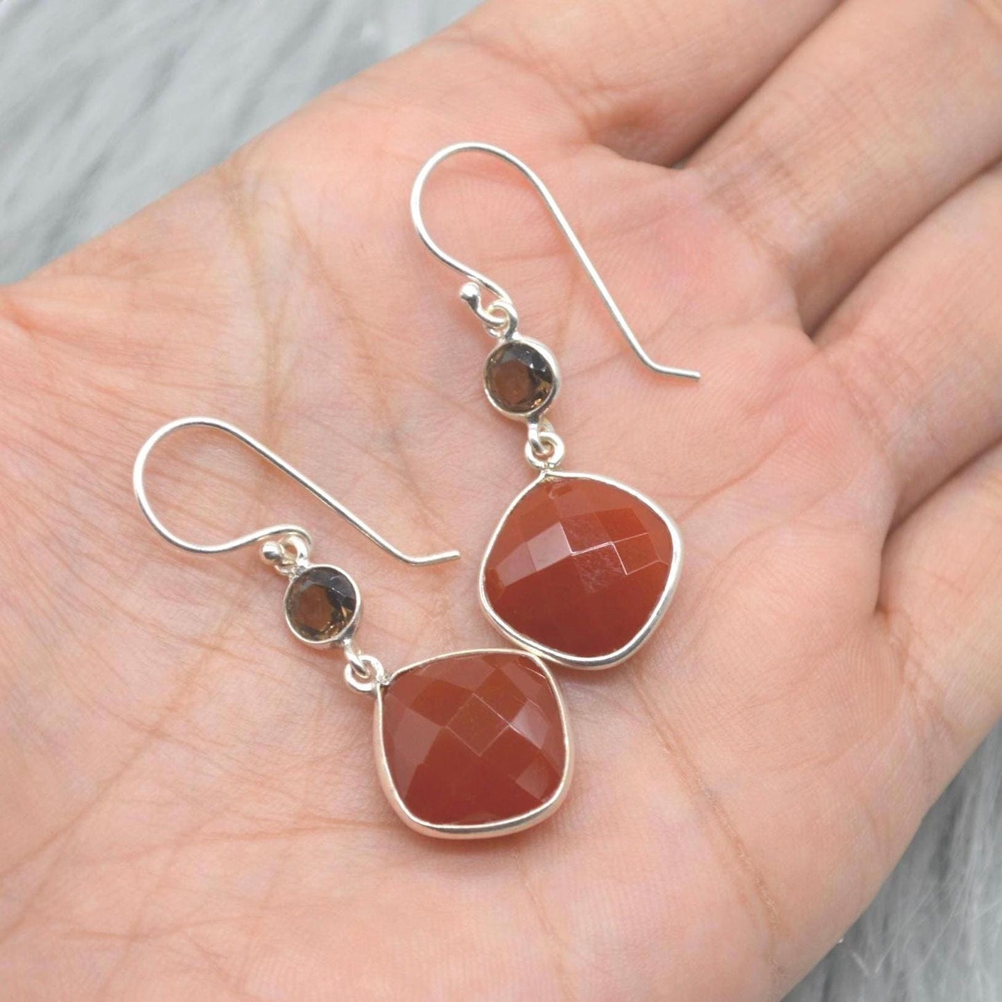 Smoky Quartz, Carnelian Earrings: Sterling Silver, Dangle Drop