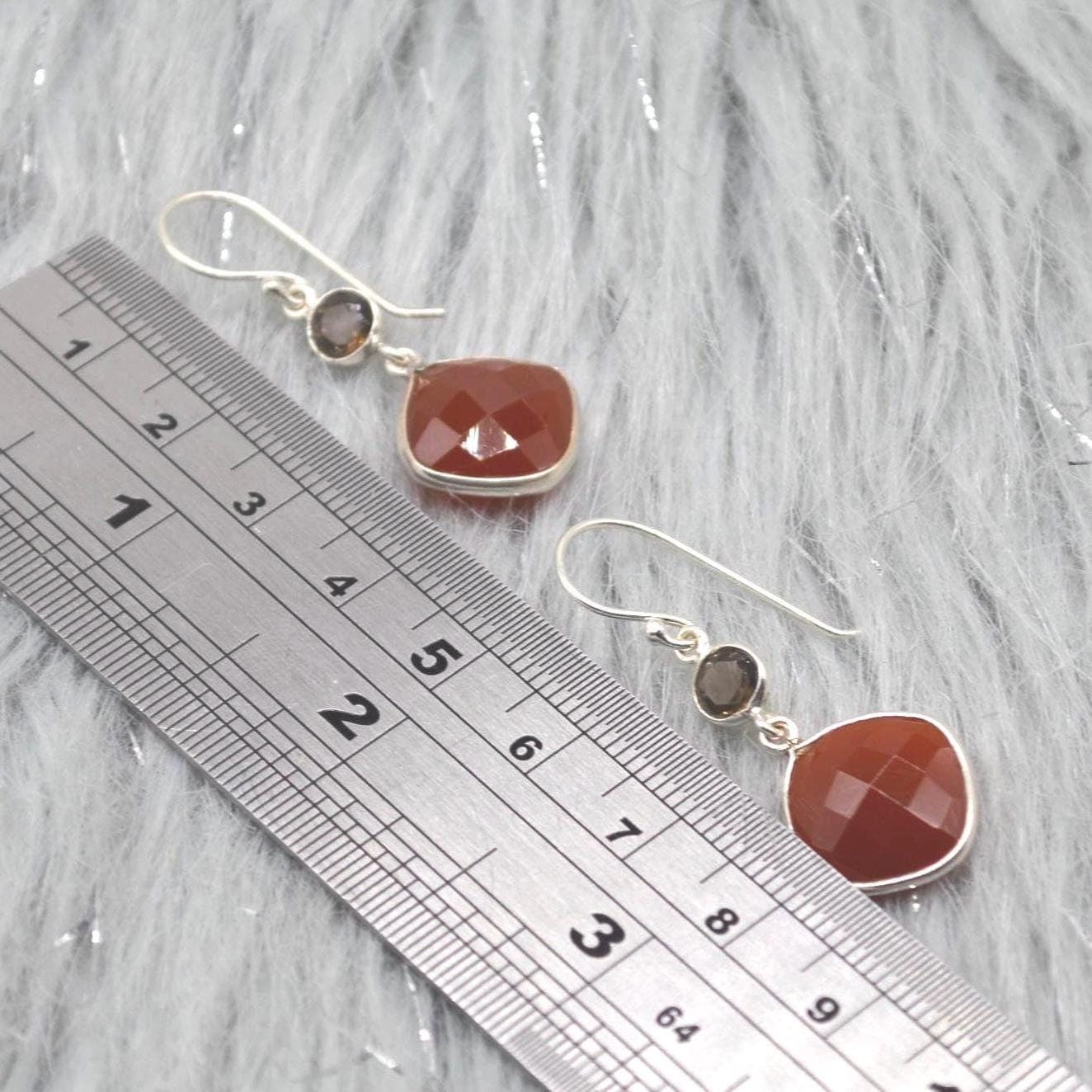 Smoky Quartz, Carnelian Earrings: Sterling Silver, Dangle Drop