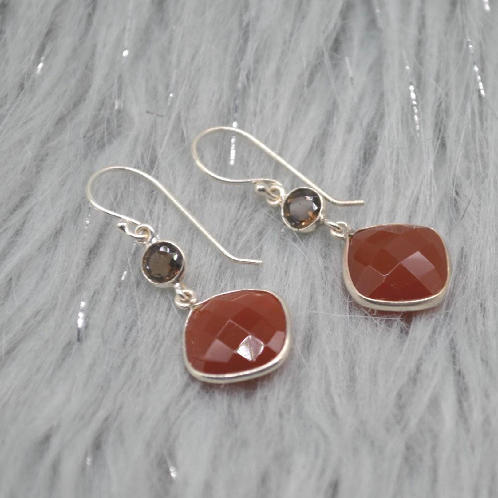 Smoky Quartz, Carnelian Earrings: Sterling Silver, Dangle Drop