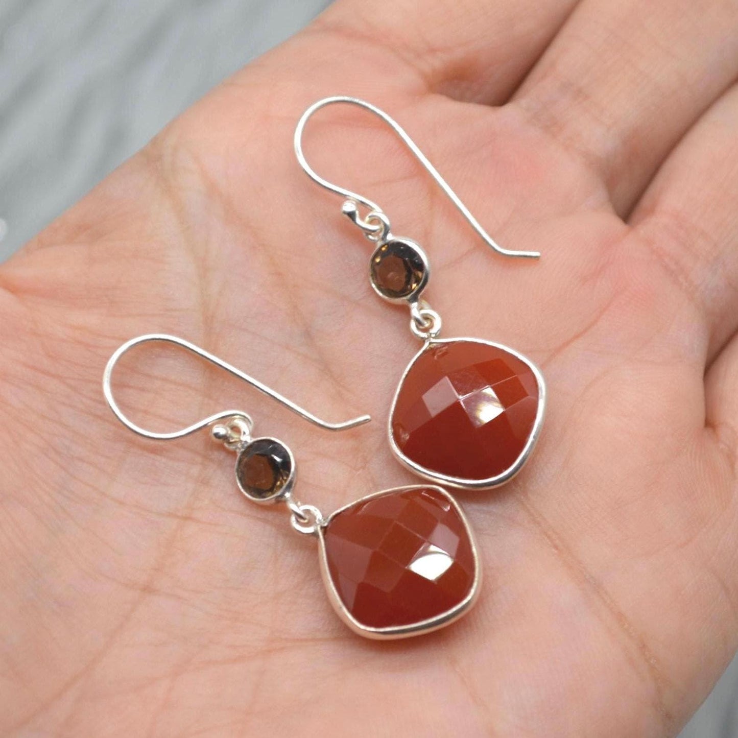 Smoky Quartz, Carnelian Earrings: Sterling Silver, Dangle Drop